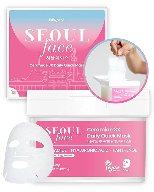 DERMAL Seoul Face Ceramide 3X Daily Quick Sheet Mask, 36 Count Pull-Out Dispenser Box with Tweezers, 5-Min Morning Hydrating Face Mask for Makeup Prep & Skin Barrier Support, Vegan Tencel