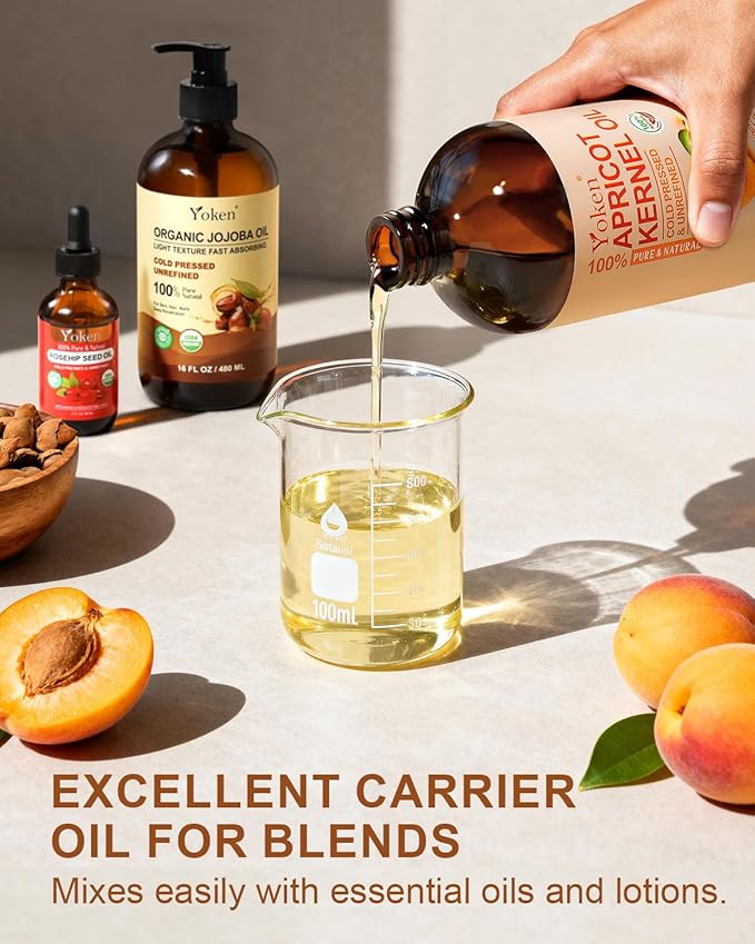 Cold Pressed Apricot Kernel Oil 16 fl oz Glass Bottle - Single Ingredient 100% Pure and Natural Apricot Oil, Lightweight Carrier & Massage Oil for Skin & Hair, Unscented & Hexane Free