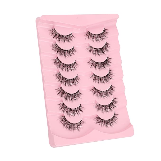 Lashes False Eyelashes Natural 16mm Wispy Lashes Pack Fluffy Eyelashes C Curl Strip Lashes Weightless Fake Lashes 0.1MM Thin Band Eyelash 3D Volume Siligli 7 Pair Lash