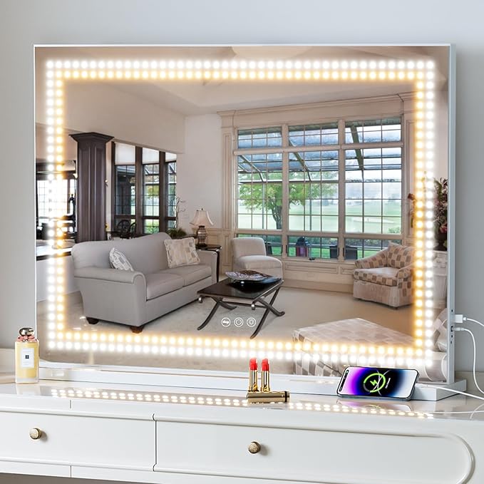 Misavanity Vanity Mirror with Lights Dots 32x23 Inchs Makeup Mirror with LED Lights Tempered Glass Touch Screen Control Dimmable 3 Colors Modes USB Charging Port 10X Magnification, White