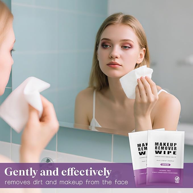Pack of 100 Makeup Remover Wipes Individually Wrapped,Lavender Scent,Face Cleansing Wipes Bulk, Travel Towelette Makeup Remover Cloth for Face Cleansing Skin Care Remove Makeup