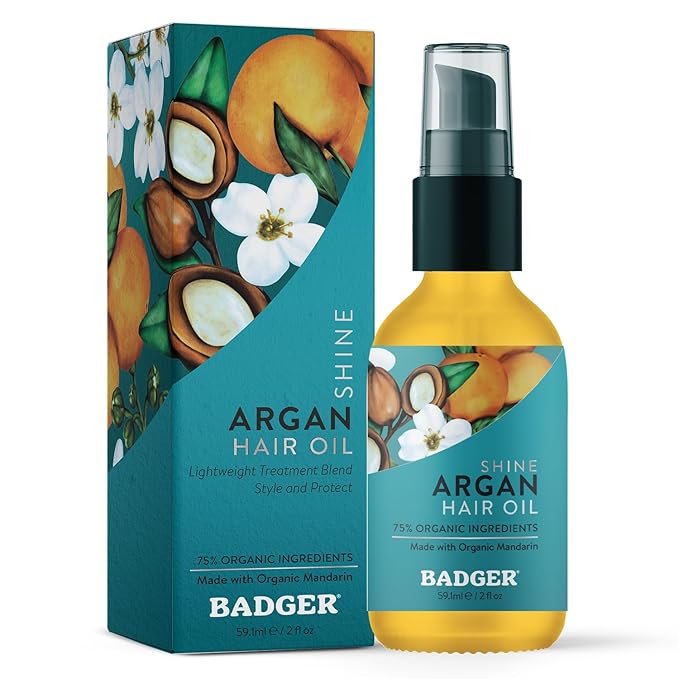 Badger Organic Argan Hair Oil, Restore a Healthy Shine to Dry Brittle Hair, Organic Moroccan Argan Oil Hair Moisturizer/Hair Serum, 2 fl oz Glass Bottle