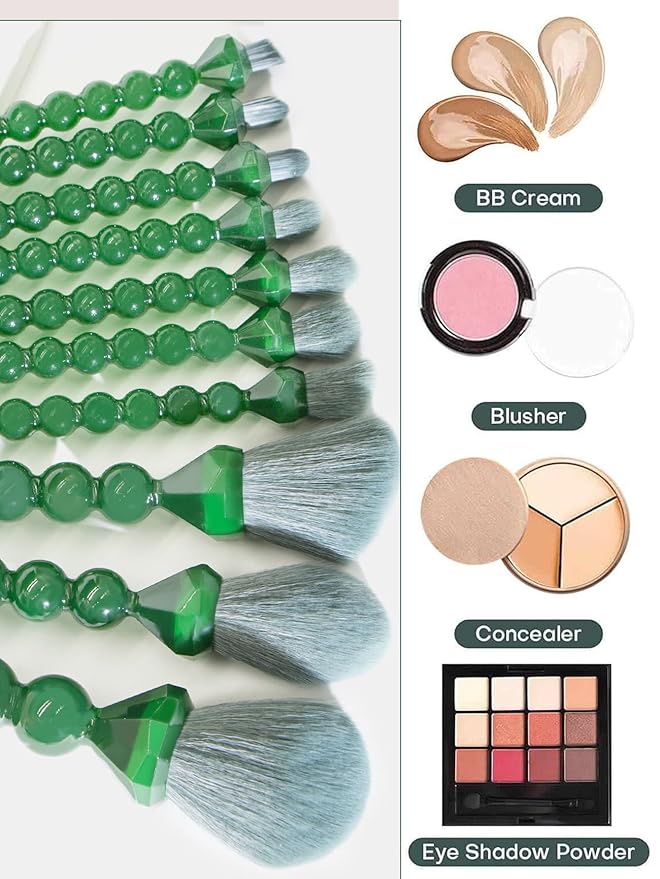 COSHINE Unique Diamond and Pearl Design Makeup Brush Set, 10pcs Cute and Full Complete Powder, Concealer, Blush, Eye Shadow Cosmetic Brushes Kit (GREEN)