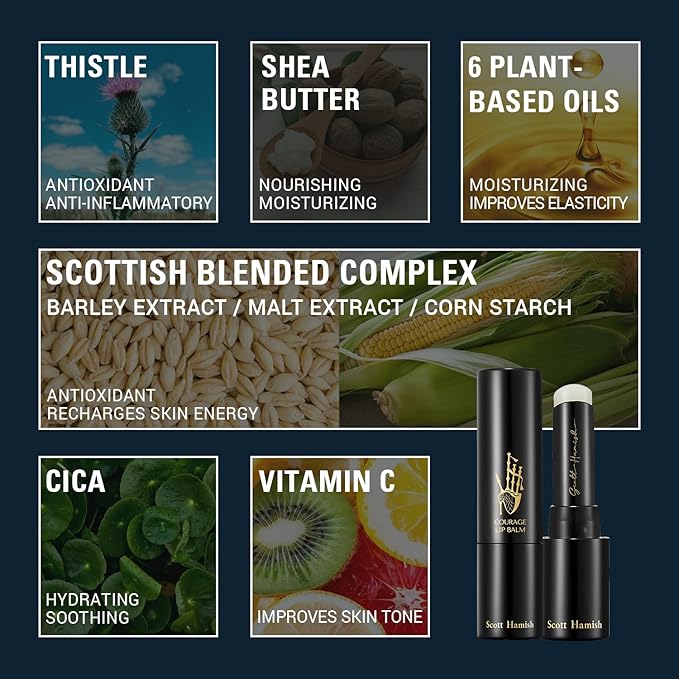 Scott Hamish Courage Lip Balm – Hydrating Lip Balm for Men - Shea Butter & Cica to Moisturize & Soothe Dry, Chapped Lips – Anti Aging Lip Moisturizer and Improve Softness of Lips, 0.12oz.