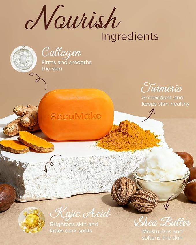 Kojic Acid Soap, Brightening & Hydrating Turmeric Soap Bar for Dark Spots with Vitamin C and Shea Butter, Paraben & Sulfate-Free - 1 Bars