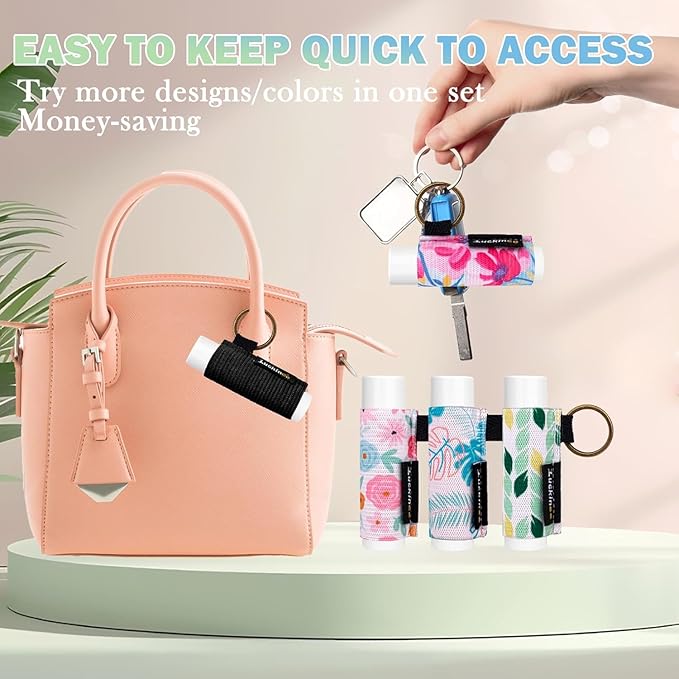 6PCS Lip Balm Holder Keychain Print Chapstick Holder Key chain Lipstick Holder Lip Gloss Sleeve -Tight Elastic Holder Sleeve for Fat and Slim Lip Balms