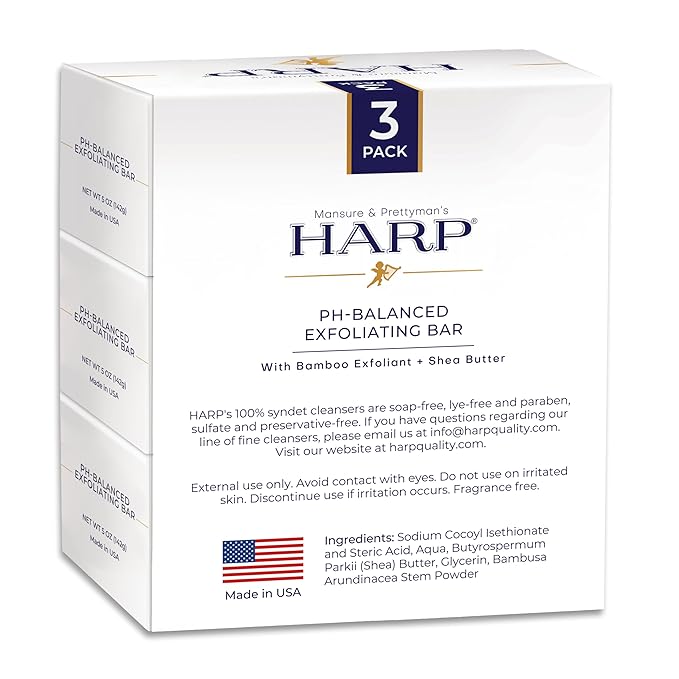 HARP® Exfoliating Body Wash Bar – pH Balanced Syndet Cleanser with Bamboo Powder, Fragrance Free, Soap-Free & No Lye, Non-Comedogenic, Gentle Exfoliation for Smooth Skin, 3-5oz Bars.