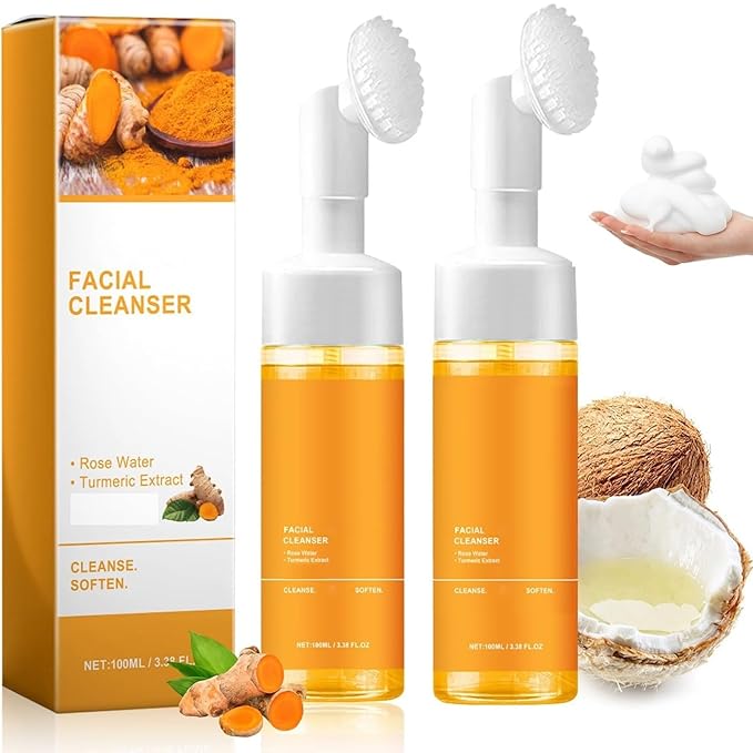 Turmeric Facial Cleanser With Brush, Deep Cleansing Glow Exfoliate Foaming Face Wash, For Women Men's All Skin.-2Pcs