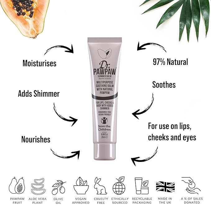 Dr.PAWPAW Shimmer, Multi-Purpose Natural No Fragrance Balm for Hydrating Lips, Skin, Hair, Cuticles, Nails & Beauty Finishing (25 ml)