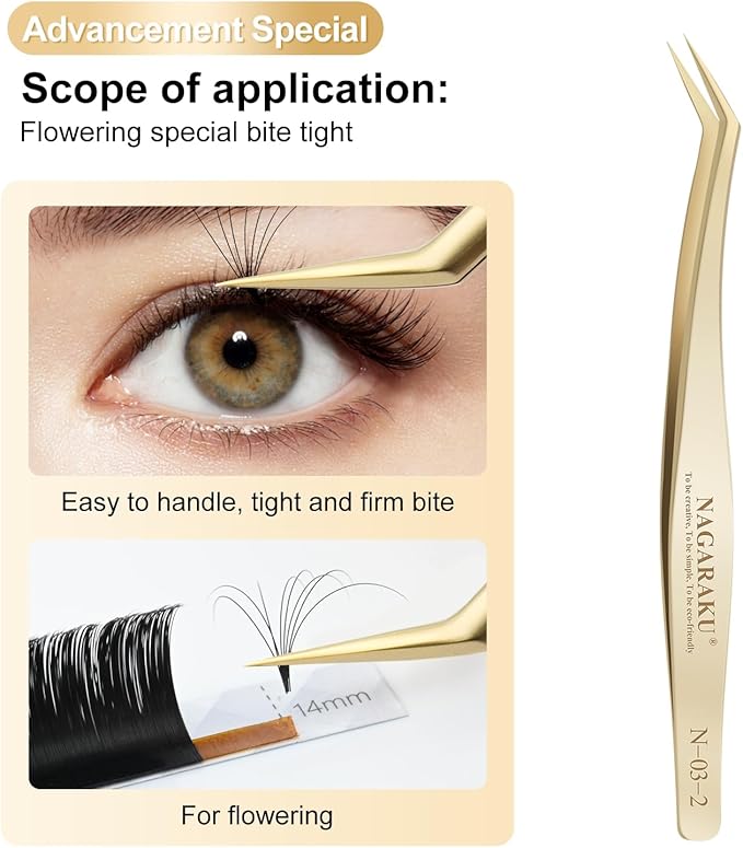 NAGARAKU Eyelash Extension Tweezers Gold Straight Curved Angled Long tip Volume Cluster Light Weight Easy Fanning Tweezer Stainless Steel Precision 1 Pair Lash Applicator Tool (N-02-2 & N-03-2)