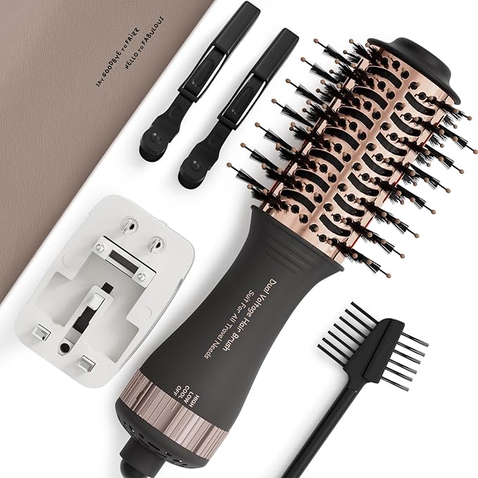 Dual Voltage Blow Dryer Brush Travel Hair Dryer Brush in One,2 inch Oval Shape Hot Air Brush,Travel Hair Tools/Volumizer/Straightener/Curler,European Blow Dry Brush with Universal Adapter