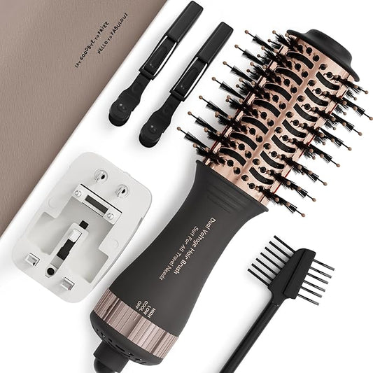 Dual Voltage Blow Dryer Brush Travel Hair Dryer Brush in One,2 inch Oval Shape Hot Air Brush,Travel Hair Tools/Volumizer/Straightener/Curler,European Blow Dry Brush with Universal Adapter
