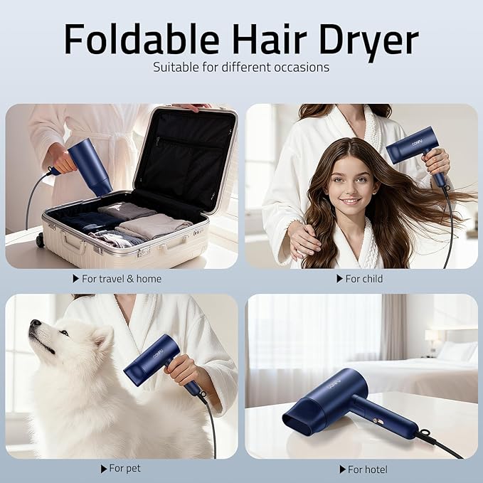 CONFU Diffuser Hair Dryer for Curly Hair,1500W Fast Drying Blow Dryer with Diffuser for Women,Compact & Portable Negative Ion Hairdryer Blowdryer,Lightweight and Foldable Design for Travel(Blue)