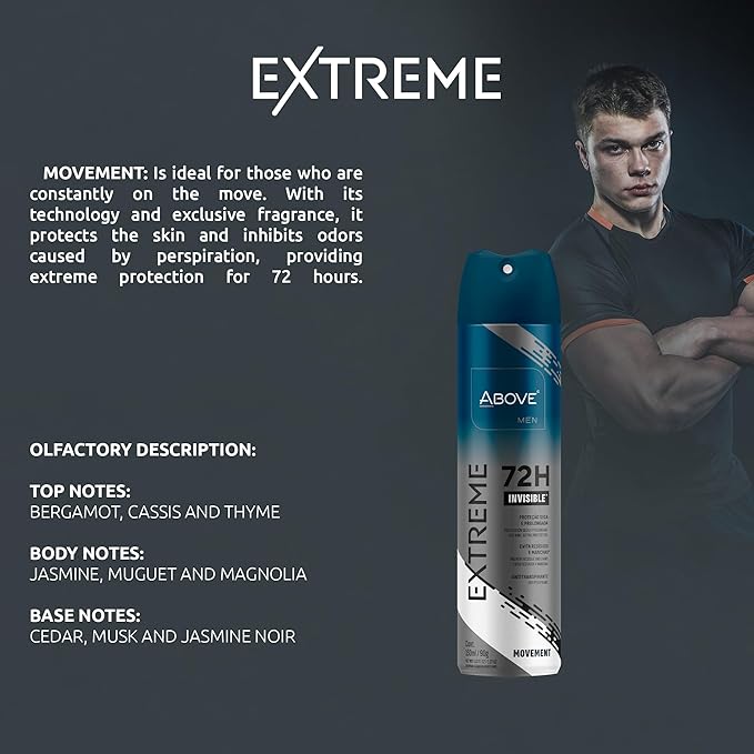 ABOVE Extreme Men Movement - 72H Antiperspirant Spray Deodorant for Men 5.07 Fl Oz | Aluminum-Free | Fresh Mist, No Stain & Alcohol, Long-Lasting Men's Deodorant Spray | Bergamot, Cassis, Thyme