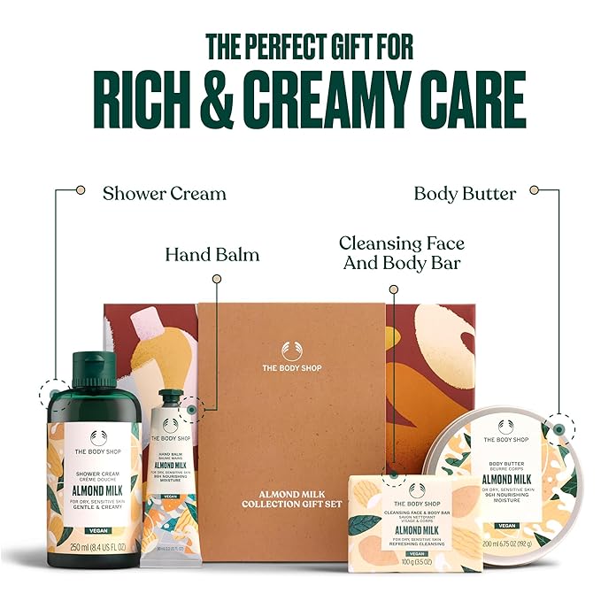 The Body Shop Almond Milk Collection Gift Set - 4 Piece Set, Shower Cream, Body Butter, Face & Body Bar, Hand Balm, Vegan