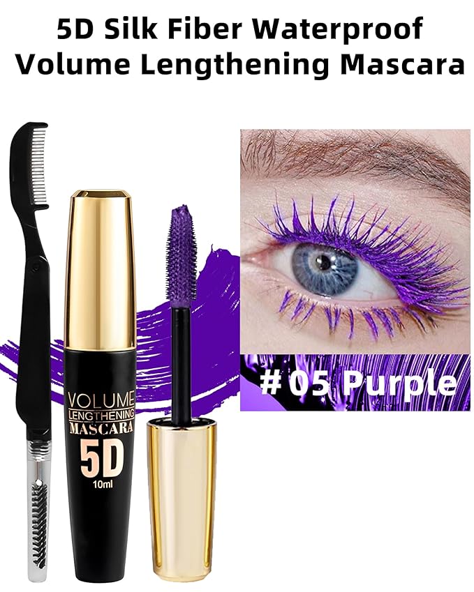 Purple Waterproof Mascara for Eyelash, 5D Silk Fiber Lashes Extension Colored Tube Mascara with Eyelash Brush, Long Lasting Smudge-proof Volumizing Lengthening, Cosplay Party Eye Makeup Gift for Women
