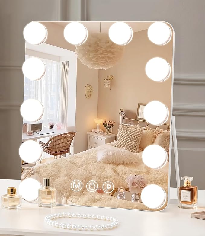 Hollywood Vanity Mirror with Lights, 9.8" x 11.8" Lighted Makeup Mirror with 12 LED Dimmable Bulbs, 3 Color Modes, USB Charging Port Touch Control, 360°Rotation