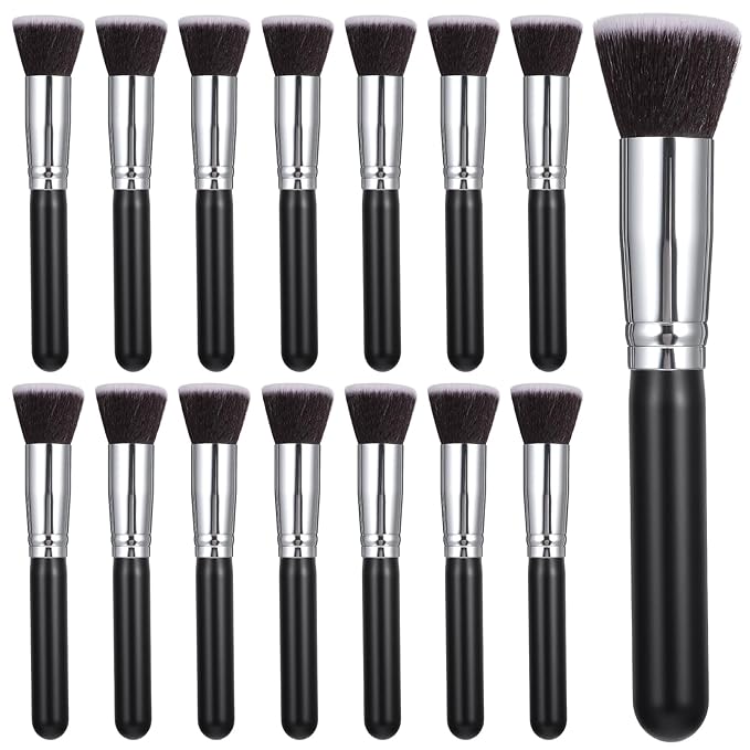 15 Pcs Makeup Brushes, Synthetic Flat Top Foundation Brush Set For Liquid, Cream, Powder, Blending, Buffing, Blush, Concealer, Black Cosmetics Brush Kit