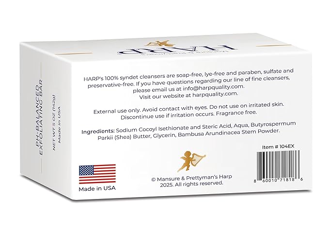 HARP® Exfoliating Body Wash Bar – pH Balanced Syndet Cleanser with Bamboo Powder, FRAGRANCE-FREE, Soap-Free & No Lye, Non-Comedogenic, Gentle Exfoliation for Smooth Skin, 5 oz