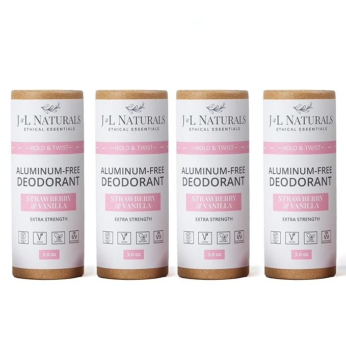 J&L Naturals Aluminum Free Deodorant for Men & Women | 100% Natural Ingredients With Coconut Oil, Shea Butter, & Essential Oils | Sustainable, Eco-Friendly (Strawberry & Vanilla, 3.0 Oz (Pack of 4))