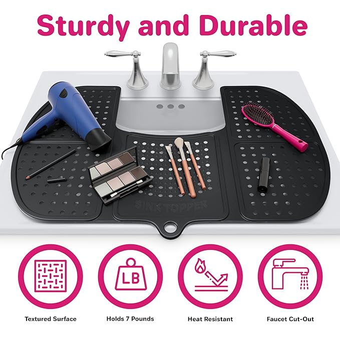 Sink Topper Bathroom Sink Cover for Counter Space & Storage Saver | RV Must Haves | Silicone Foldable Beauty Makeup Brush Cleaning Mat | Hot Tools Organizer | RV Sink Cover | Large, Black