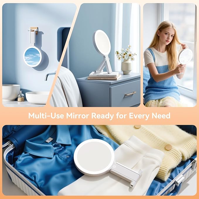 Auxmir Travel Makeup Mirror with Lights, 30X/1X Double-Sided Magnifying Mirror, Rechargeable Lighted Hand Mirror with 3 Color Lighting & Adjustable Brightness Tabletop Hanging Portable Handheld