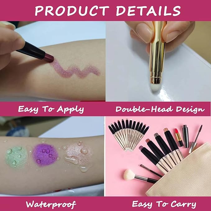 2 in 1 Eyeshadow Pen and Sponge Makeup Brush, Glitter Primer Palette Smooth Cream Shimmer Eye Shadow Pencil Long Lasting Waterproof, Hypoallergenic Highlighter Multi-Dimensional eyes Look