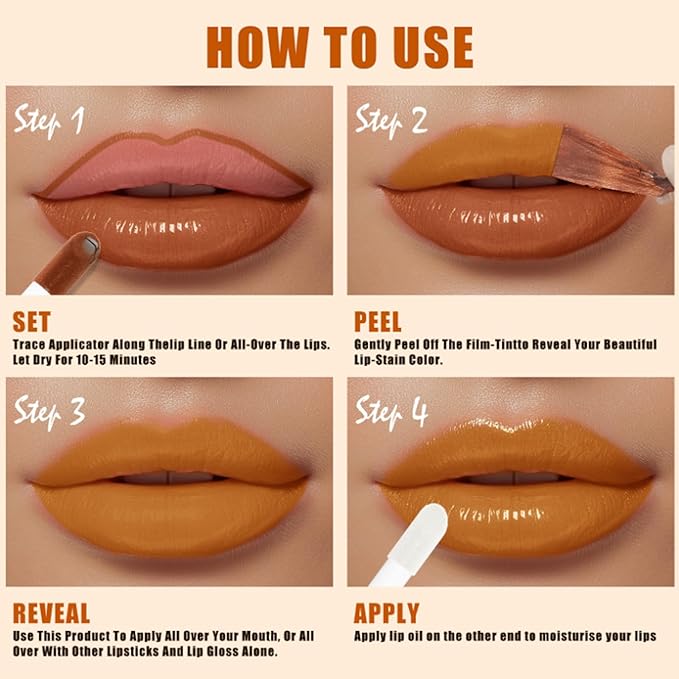 3Pcs Peel Off Lip Gloss Tattoo and Lip Oil Dual-Ended Combo, Lip Stain Peel Off Masque, Waterproof & Transfer-Proof Matte Lip Tattoo with Lip oil for All Skin Type