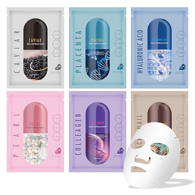 Face Masks Skincare Set for Girl,Moisturizing Collagen Facial Masks for Women Home Spa,Hyaluronic Acid Face Mask for All Skin Types,Day Night Facial Mask Hydrating,Deep Cleaning,Oil Contral(6Pack)