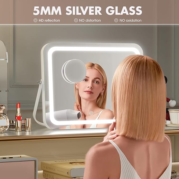 Hasipu Vanity Mirror with Lights, 18" x 14" LED Makeup Mirror, 3 Modes Light, Smart Touch Control Dimmable, 360°Rotation, Rectangle White Frame, with 5X Magnifying Glass
