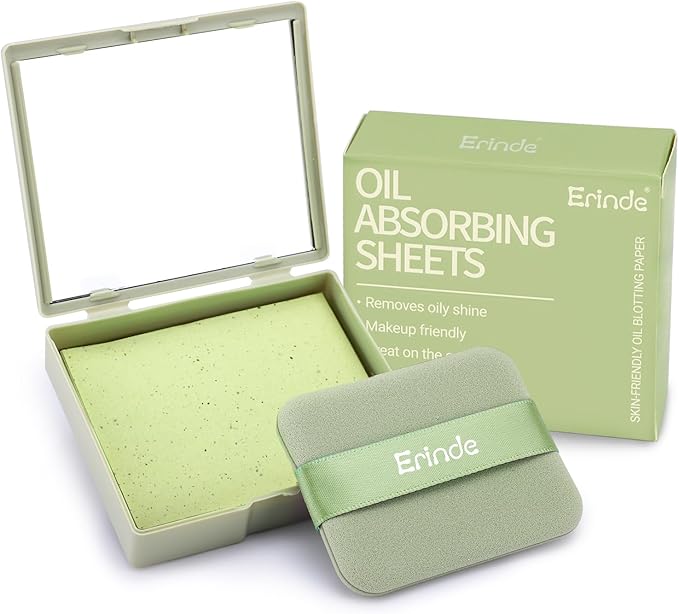 Erinde Oil Blotting Sheets for Face with Mirror and Puff, 100 Sheets Oil Blotting Paper for Oily Skin, Face Oil Absorbing Sheet, Natural Oil Control Film, Absorb Excess Oil, Makeup Friendly