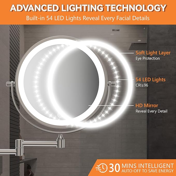 Auxmir 8'' Wall Mounted Lighted Makeup Mirror, 3200mAh Rechargeable Double-Sided 1X/20X Magnifying Mirror with Light, Touch Dimmable 3 Color Light, 360° Rotation Foldable Extended Arm, Nickel