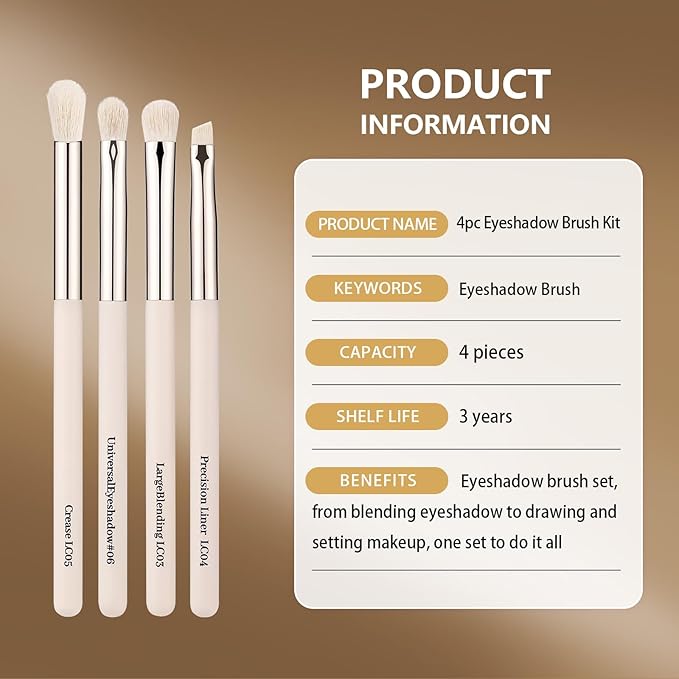4pc Eyeshadow Brush Set - Pro Blending, Precision Bristles, Skin-Friendly Makeup Brushes Kit for Flawless Eye Looks(Large/Detail/Crease/Eyeliner Brush)