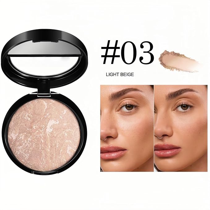 MAEPEOR Baked Setting Powder Brighten Color Correcting Powder Foundation Natural Smooth Lightweight Oil-Control Pressed Foundation (03 Light Beige)