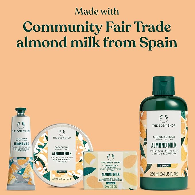 The Body Shop Almond Milk Collection Gift Set - 4 Piece Set, Shower Cream, Body Butter, Face & Body Bar, Hand Balm, Vegan