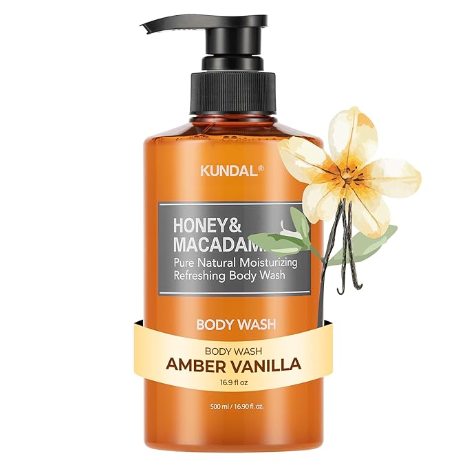 KUNDAL Nature Honey & Macadamia Natural Moisturizing Body Wash [Amber Vanilla] Deep Nourishment, Natural Extracts Blend, 10,000 ppm Honey, Safe for All Ages, Soft & Smooth Skin 16.9 fl oz (Pack of 1)