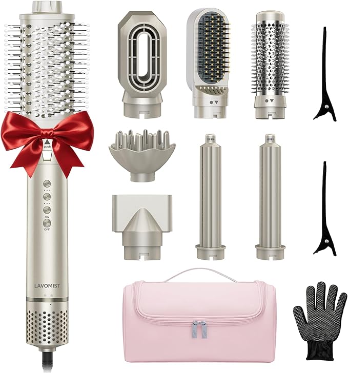 8-in-1 Dual Voltage Hot Air Styler & Hair Dryer Brush with Straightener & Curler Attachments, 110,000 RPM Ionic Fast Drying for Frizz-Free Styling, Includes Travel Bag