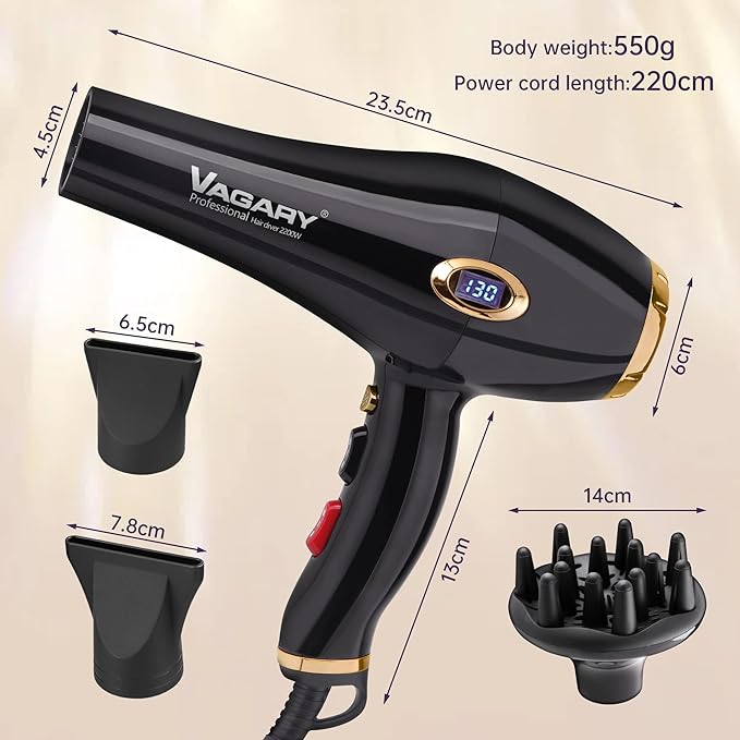 VAGARY 6685G Professional Salon Hair Dryer 2200w with Icd Display,Negative Ionic Blow Dryer,Powerful AC Motor Blow Dryer,Low Noise Hair Dryers,2 Speeds and 2 Heat Settings 1 Cool Shot Button
