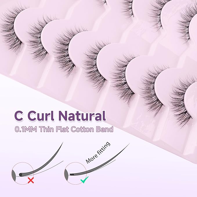 Natural Cat Eye Lashes False Eyelashes Natural 12mm Wispy Eyelashes with Thin Band 3D Volume False Lashes Soft Eye Lashes Pack C Curl Natural Eyelashes Fake Lashes 7 Pair EVENTILL