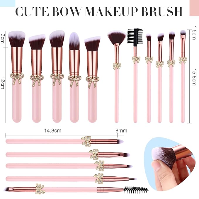 Chengu 16 Pcs Bow Makeup Brush Set with Makeup Brush Storage Bag Soft Bristles Foundation, Powder, Concealer, Eyeshadow, Blush Brushes Kit