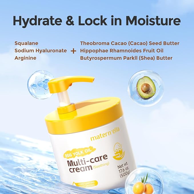 MATERN'ELLA Body Moisturizer with Egg Yolk Oil, Body Lotion natural Long-Lasting Hydration 48h with Squalane & Sodium Hyaluronate Cream Suitable for Sensitive Skin Fragrance Free Total 17.6 oz