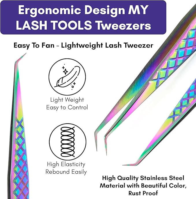 My Lash Tools Eyelash Extension Curved Degree Tweezers for Isolation Lash Extensions 14cm, Best for Individual Isolation & Classic Lashes Japanese Stainless Steel Eyelash Twisers (Rainbow)