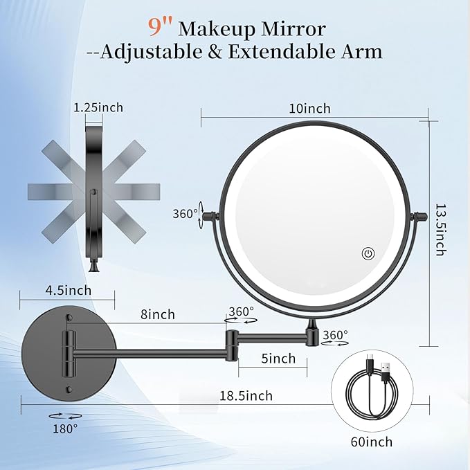 FUNTOUCH 10" 1X/30X Wall Mounted Lighted Makeup Mirror, 4500mAh Rechargeable Double Sided Magnifying Mirror with Adapter, 3 Color Lights,Touch Dimmable, 360 Rotation Extended Arm for Bathroom,Black