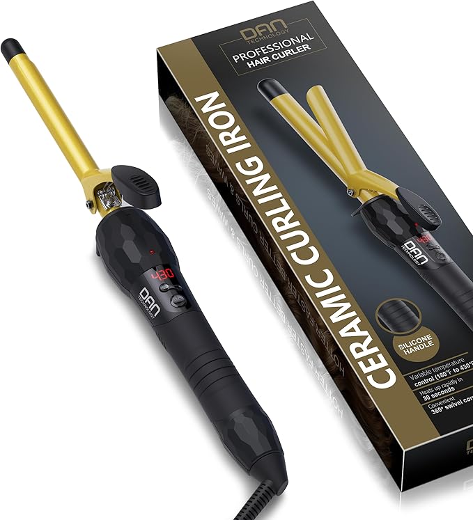 DAN Technology 3/8 Inch Tiny Curling Wand for Tight Spiral Curls, Tourmaline Ceramic Small Barrel Hair Curler with LCD Display (180°F–430°F), Fast Heating, Dual Voltage, Auto Shut-Off, Black & Gold