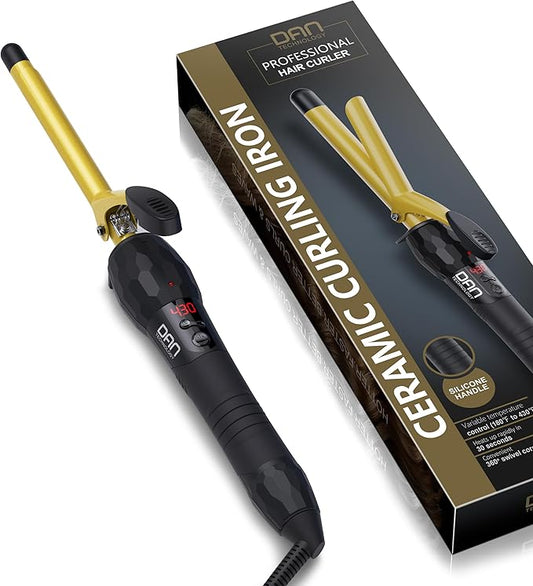 DAN Technology 3/8 Inch Tiny Curling Wand for Tight Spiral Curls, Tourmaline Ceramic Small Barrel Hair Curler with LCD Display (180°F–430°F), Fast Heating, Dual Voltage, Auto Shut-Off, Black & Gold