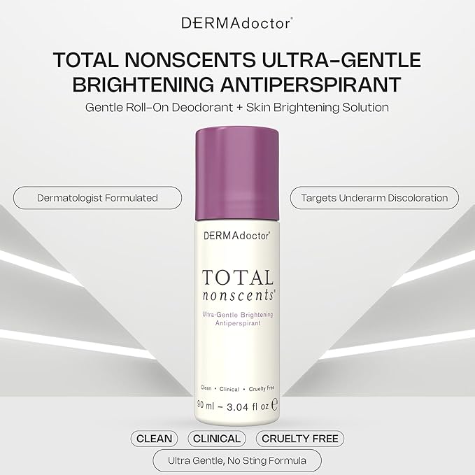 DERMAdoctor Antiperspirant for Women Sensitive Skin, Total NonScents Ultra-Gentle Illuminator, Unscented Clinical Strength Antiperspirant Deodorant for Men & Women; Hypoallergenic Roll On - 3.04 oz