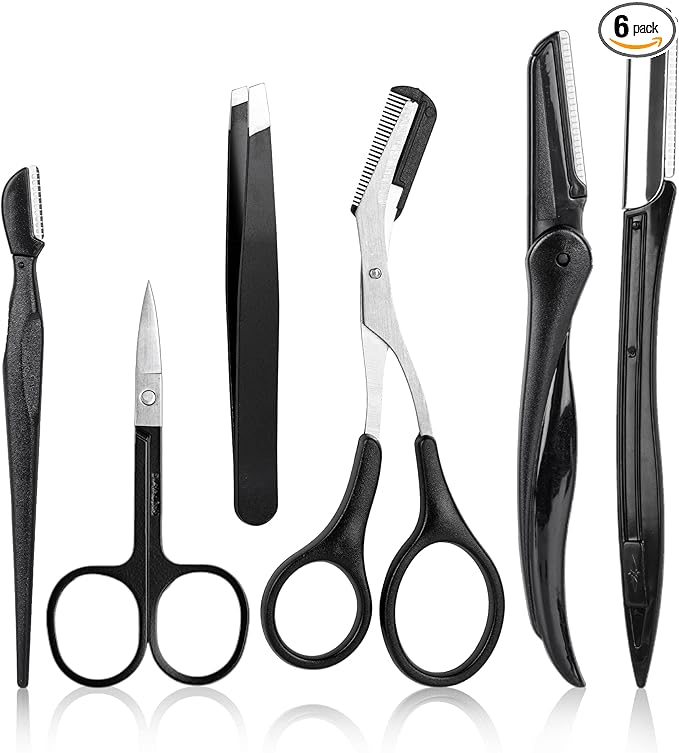 NAZQAT Eyebrow Grooming Kit for Women & Men for Eyebrow Trimming, Shaping, and Exfoliating - Includes Eyebrow Tweezers, Eyebrow Razor Tools, Eyebrow Scissors (Pack of 6)
