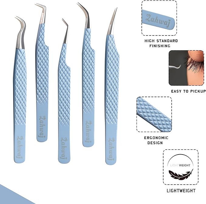 Lash Tweezers - Set of 5 Diamond Grip Eyelash Tweezers - Stainless Steel Professional Fiber Tip Lash Tweezer for Eyelash Extensions (Blue)