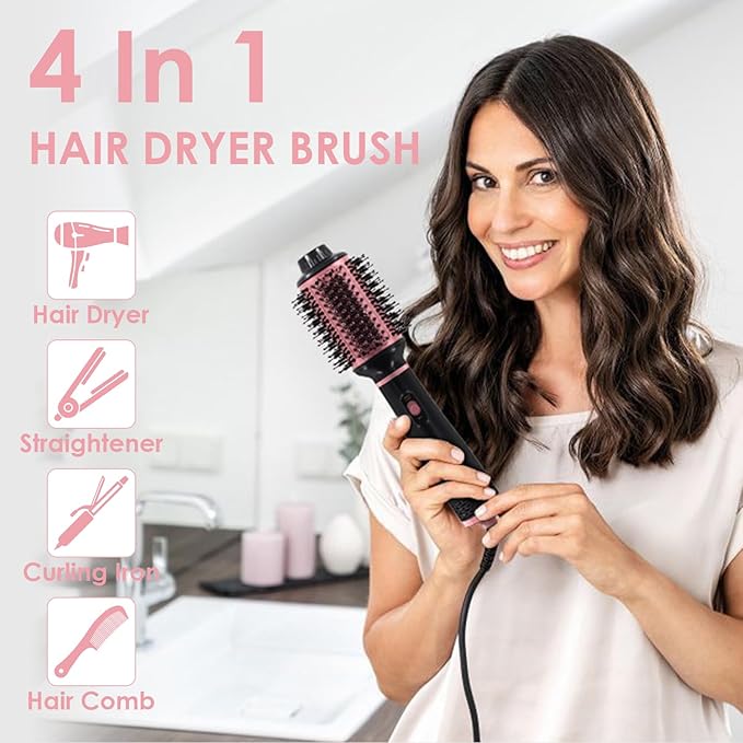 Blow Dryer Brush, 4 in 1 Hair Dryer Styler for Medium Long Hair, 2.5 Inch Oval Ceramic Barrel One Step Hot Air Brush for Blow Drying Straightening Volumizing, Less Frizz, More Shine