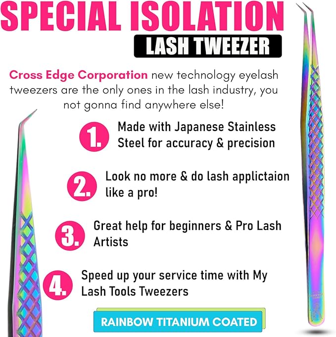 My Lash Tools Eyelash Extension Curved Degree Tweezers for Isolation Lash Extensions 14cm, Best for Individual Isolation & Classic Lashes Japanese Stainless Steel Eyelash Twisers (Rainbow)